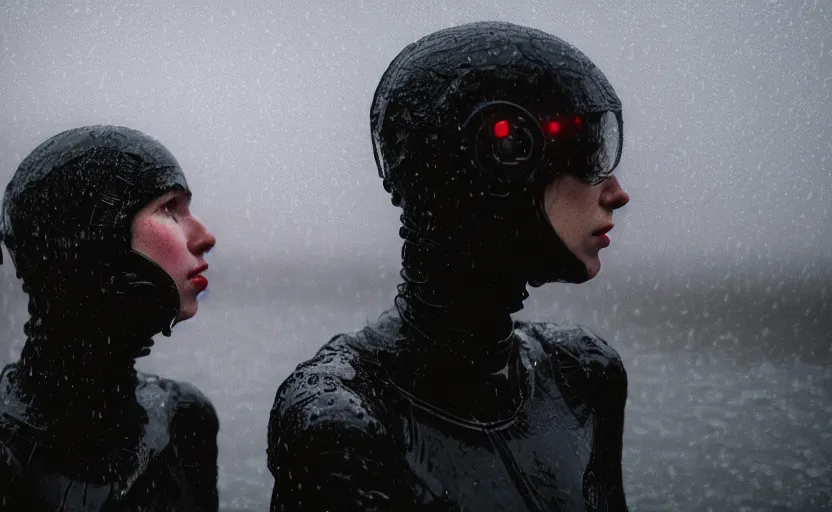 Image similar to cinestill 5 0 d candid photographic portrait by helen levitt of two loving female androids wearing rugged black mesh techwear in treacherous waters, extreme closeup, modern cyberpunk moody depressing cinematic, pouring rain, 8 k, hd, high resolution, 3 5 mm, f / 3 2, ultra realistic faces, ex machina