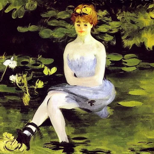 Image similar to a fairy sitting near a pond in the forest by edouard manet