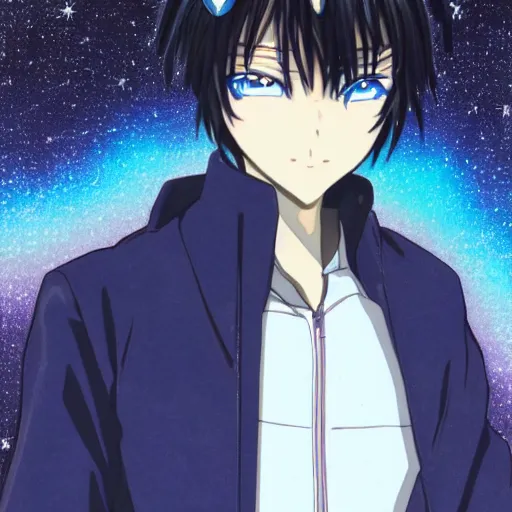 Image similar to a dark blue haired anime boy with deep blue eyes, with an indigo - tinted cosmic background