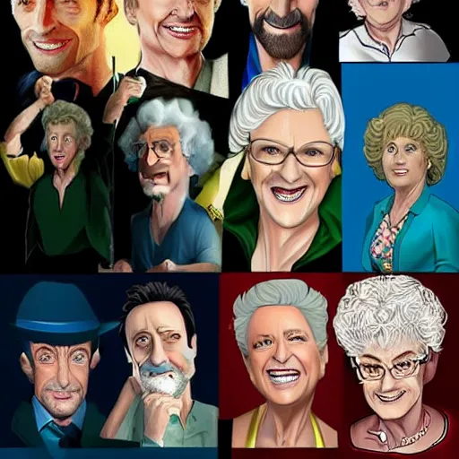 Prompt: Hugh Jackman as every character in the Golden Girls tv show. Digital art, ultra realistic.