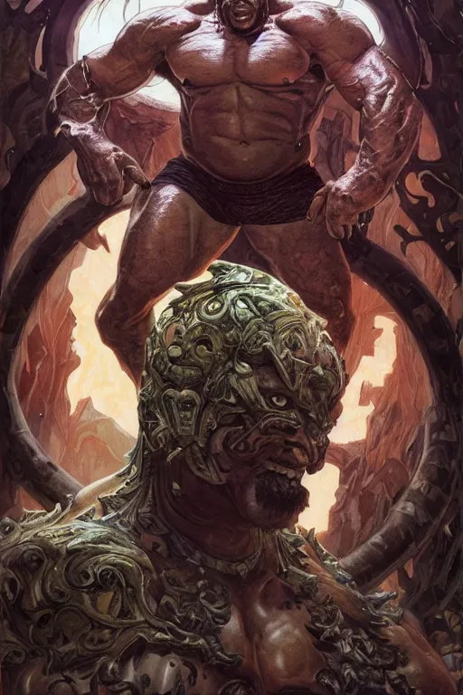 Image similar to portrait of shaquille o'neal as a hulking herculean demon, forest, godlike, full body, fantasy, intricate, elegant, highly detailed, digital painting, artstation, concept art, sharp focus, illustration, art by artgerm and greg rutkowski and alphonse mucha