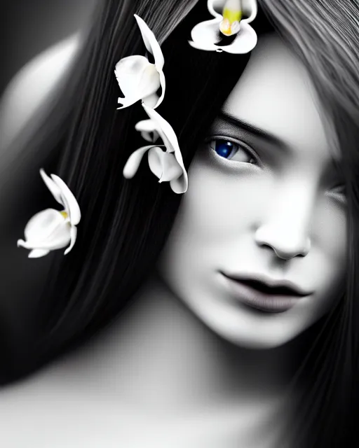 Image similar to black and white dreamy young beautiful veiled female artificial intelligence, realistic orchids ornament in the face, long hair are intricate with highly detailed realistic orchids, cinematic, rim light, bokeh, photo - realistic, elegant, high detail, 8 k, masterpiece, photo taken in 1 9 3 0