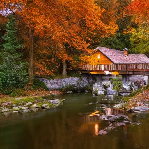 Image similar to a wooden cottage by the river with a bridge connecting to it, portrait, highly detailed, autumn, falling leaves, cozy, 8 k,