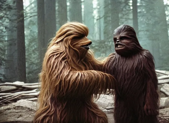 Image similar to donald trump shaking hands with chewbacca on the forest moon of endor, 3 5 mm photography, highly detailed, cinematic lighting