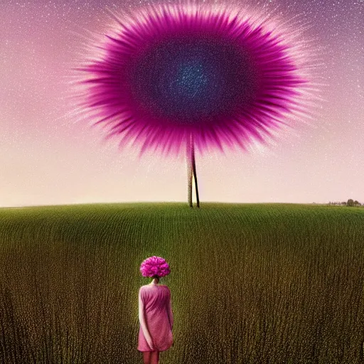 Image similar to giant pink daisy flower over head, girl walking in wheat field, hills, surreal photography, dark night, star trails, dramatic light, impressionist painting, clouds, digital painting, artstation, simon stalenhag