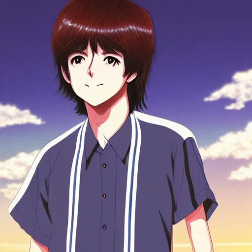 Prompt: anime illustration of young Paul McCartney from the Beatles, wearing a blue and white check shirt, silver sports watch, outdoors at a music festival, relaxing and smiling at camera, white clouds, ufotable