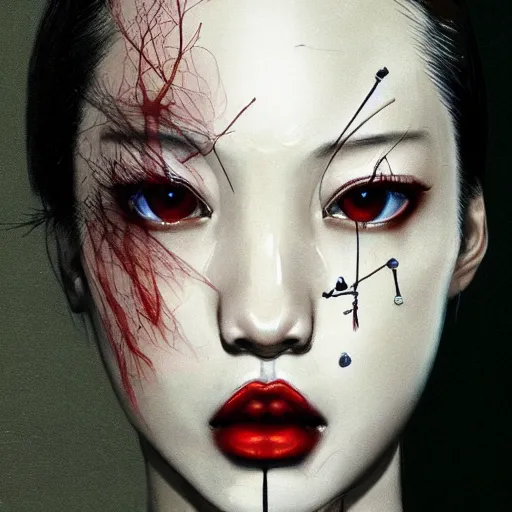 Image similar to Kiko Mizuhara is an unsettling scary terrifying bio mechanical cyborg post human, physically accurate, very dramatic dynamic lighting, intricate, very very elegant, highly detailed, digital painting, artstation, very hyperrealistic, very very very HR GIGER, very Bensinski, Hieronymus Bosch, Francis Bacon, concept art, smooth, sharp focus, illustration, art by artgerm and greg rutkowski and alphonse mucha