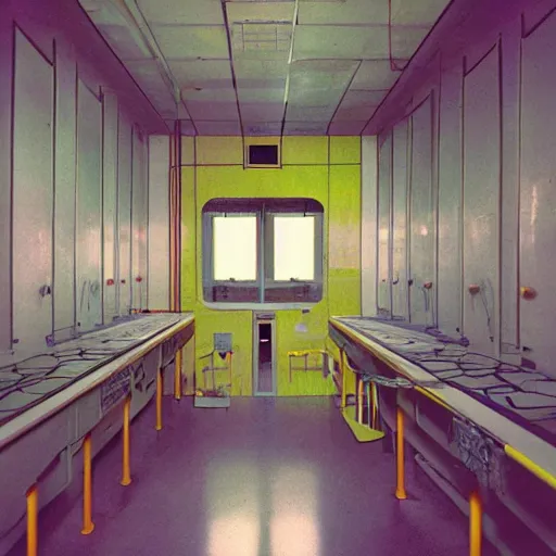 Image similar to noisy color photograph of a retrofuturist liminal space, laboratory, prison, minimalist