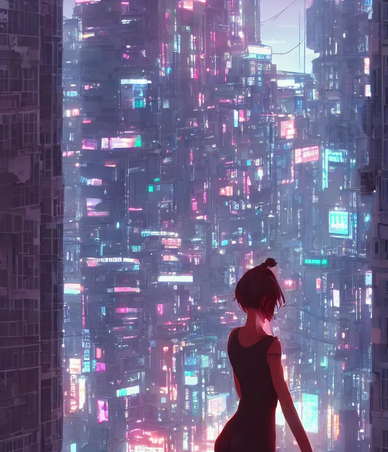 Image similar to a girl stands on top of a multi-storey building, anime style, 4k, cyberpunk city in the background, HD, artstation, very detailed, by Ilya Kuvshinov