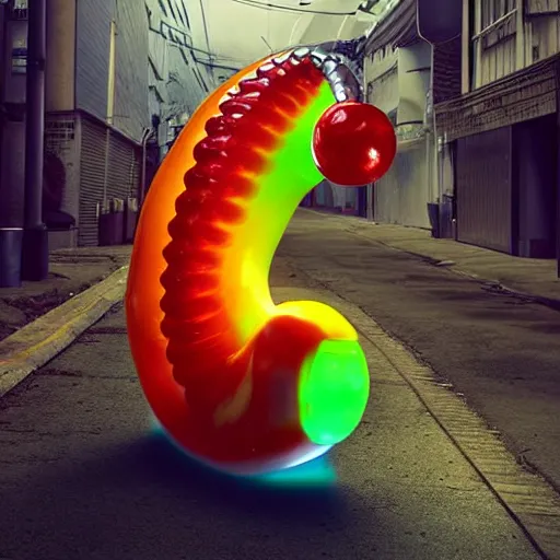 Image similar to a futuristic robotic gummi worm. dramatic product lighting. it's a gummi with extra juiciness. but it's also a worm. ick. in a magical side alley, the worm is on display in a trendy food truck. digital art, sci - fi, fantasy, fairytale, 4 k.