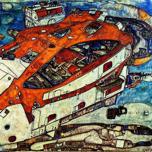 Image similar to Egon Schiele painting of DreamBotMothership, highly detailed