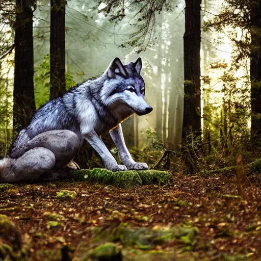 Image similar to realistic wolf fursuit, meditating in the forest, in the morning, fog, ambient light, photo