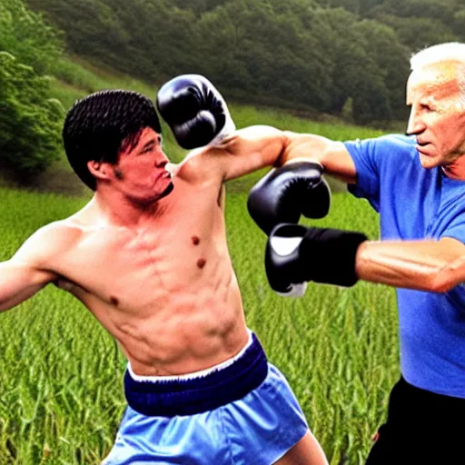 Image similar to rocky balboa punching joe biden in the middle of a corn maze