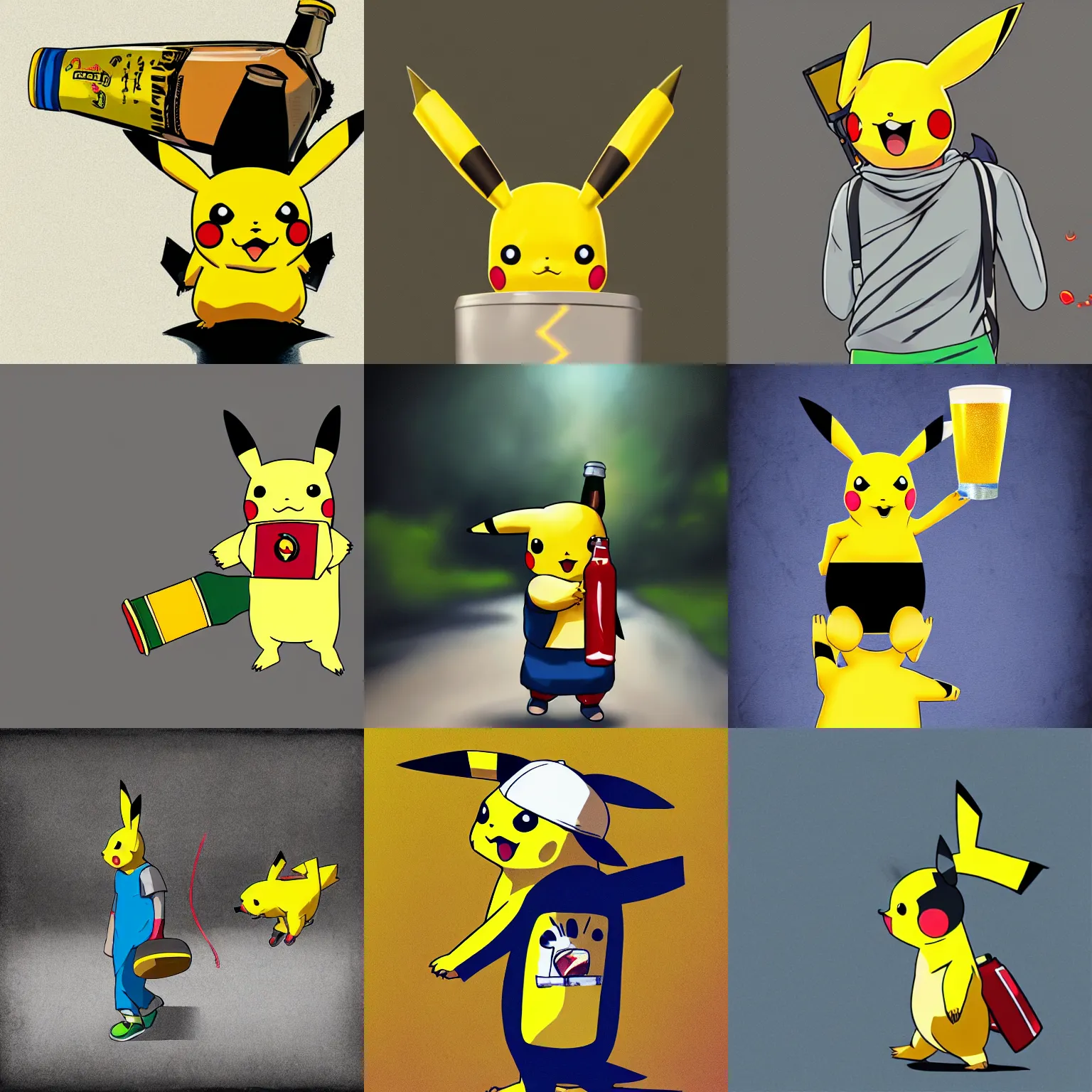 Prompt: pikachu drinking a beer bottle while walking with a backback on his back, digital art