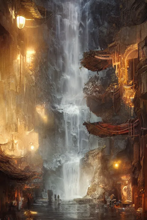 Image similar to inside the antique street of atlantis the city of water, waterfall, intricate, elegant, volumetric lighting, digital painting, highly detailed, artstation, sharp focus, illustration, concept art, ruan jia, steve mccurry