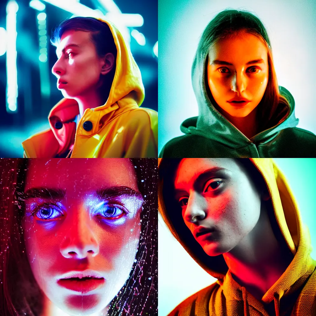 Prompt: A hyper realistic and detailed head portrait photography of a woman wearing a futuristic yellow raincoat with hoodie by Petra Collins. Neo noir style. Cinematic. Swirly bokeh. Red neon lights and glow in the background. Lens flare.