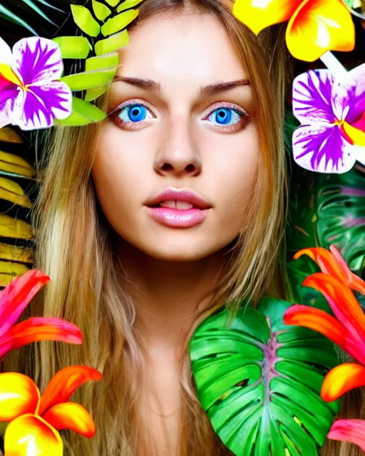 Prompt: an attractive girl is surrounded by colourful tropical flowers and plants, symmetric face and eyes, upper body face shot, long straight blonde hair, visible face