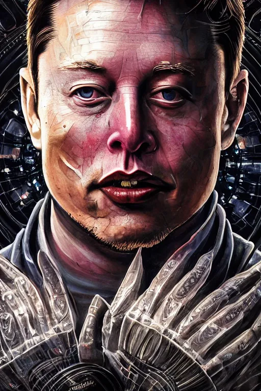 Prompt: cinematic portrait of Elon Musk. Centered, uncut, unzoom, symmetry. charachter illustration. Dmt entity manifestation. Surreal render, ultra realistic, zenith view. Made by hakan hisim feat cameron gray and alex grey. Polished. Inspired by patricio clarey, heidi taillefer scifi painter glenn brown. Slightly Decorated with Sacred geometry and fractals. Extremely ornated. artstation, cgsociety, unreal engine, ray tracing, detailed illustration, hd, 4k, digital art, overdetailed art. Intricate omnious visionary concept art, shamanic arts ayahuasca trip illustration. Extremely psychedelic. Dslr, tiltshift, dof.  64megapixel. complementing colors. Remixed  by lyzergium.art feat binx.ly and machine.delusions. zerg aesthetics. Trending on artstation, deviantart