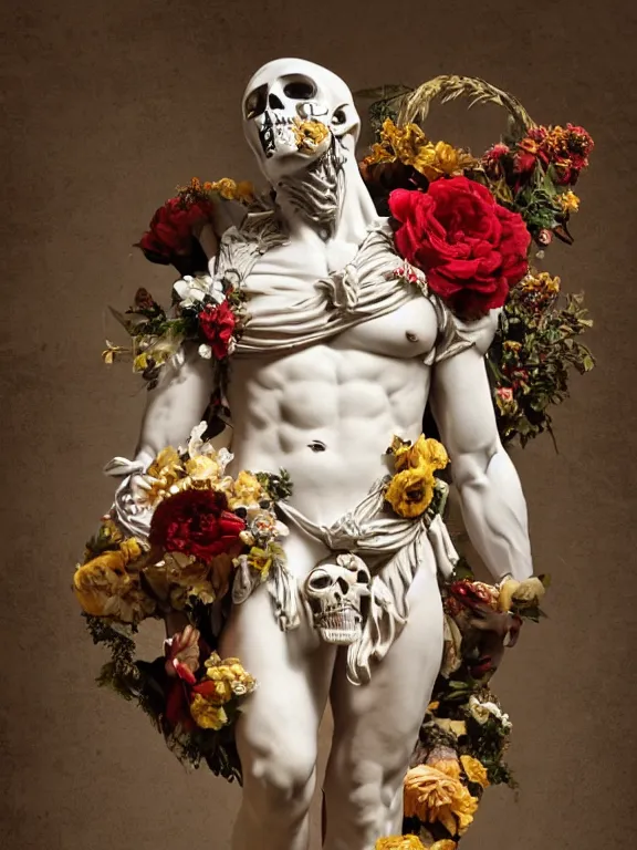 Prompt: a man in the form of a Greek sculpture with a mask in the form of a skull and wreath of flowers, dressed in a biomechanical dress of a demon by Roberto Ferri, stands in the pose of a super hero on a golden stone, silk, fabric, birds, flowers. red plastic. baroque elements, human skull. full-length view. baroque element. intricate artwork by caravaggio, Roberto Ferri. Trending on artstation. halo. octane render, cinematic, hyper realism, octane render, 8k, depth of field, bokeh. iridescent accents. vibrant. teal and gold and red colour scheme