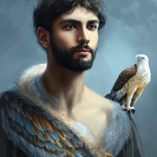 Prompt: young _ man _ with _ eagle on his shoulder _ focus _ d _ _ d _ fantasy _ intricate _ elegant _ highly _ detailed _ digital _ painting _ artstation