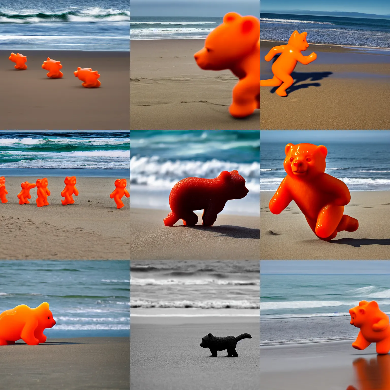 Prompt: a photograph by a canon 5 d, 5 0 mm lens, of a life size gummy bear, orange, running away from a pack of dogs, beach, ocean, california, canon 5 d 5 0 mm lens, action photography, realistic, award winning,