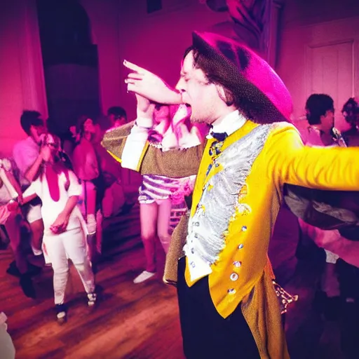 Image similar to a photo of wolfgang amadeus mozart on a rave. he sweats a lot because the club is poorly ventilated, but he still has a great time. club photography, smartphone photography.