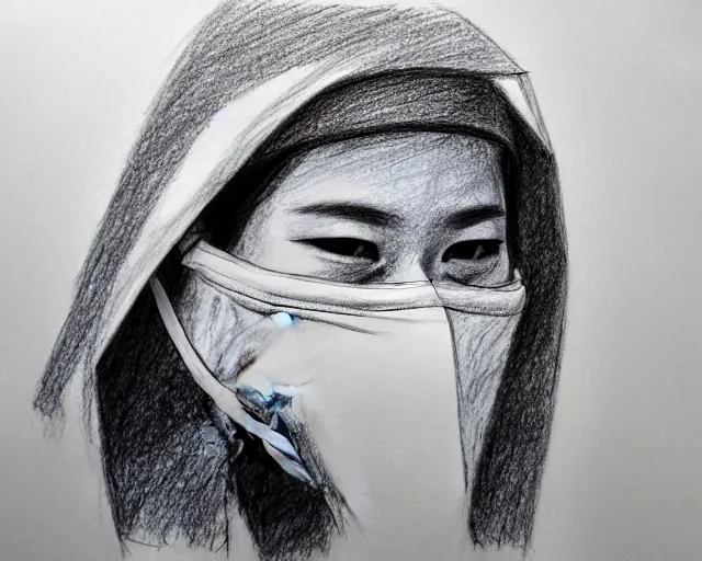 Image similar to draft drawing of a european man covering her face with mask, a sketch by choro choi, thin stroke, trending on artstation, context art, pencil sketch, high detail