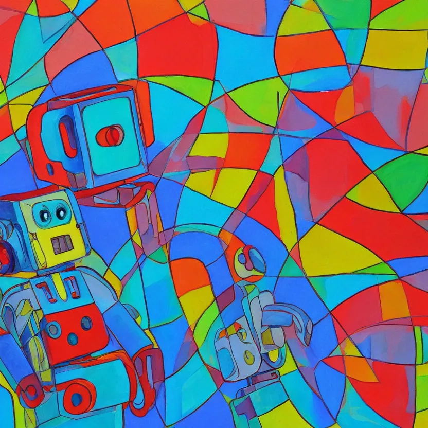 Prompt: a detailed painting of a colourful robot with a dodecahedron