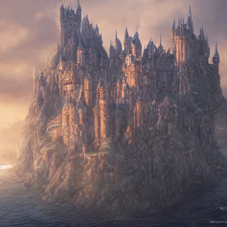 Image similar to large castle with towers by Wayne Barlow and catapults at dawn heading to the iceberg, highly detailed, painted by Wayne Barlow, Frank Lloyd Wright, trending on artstation