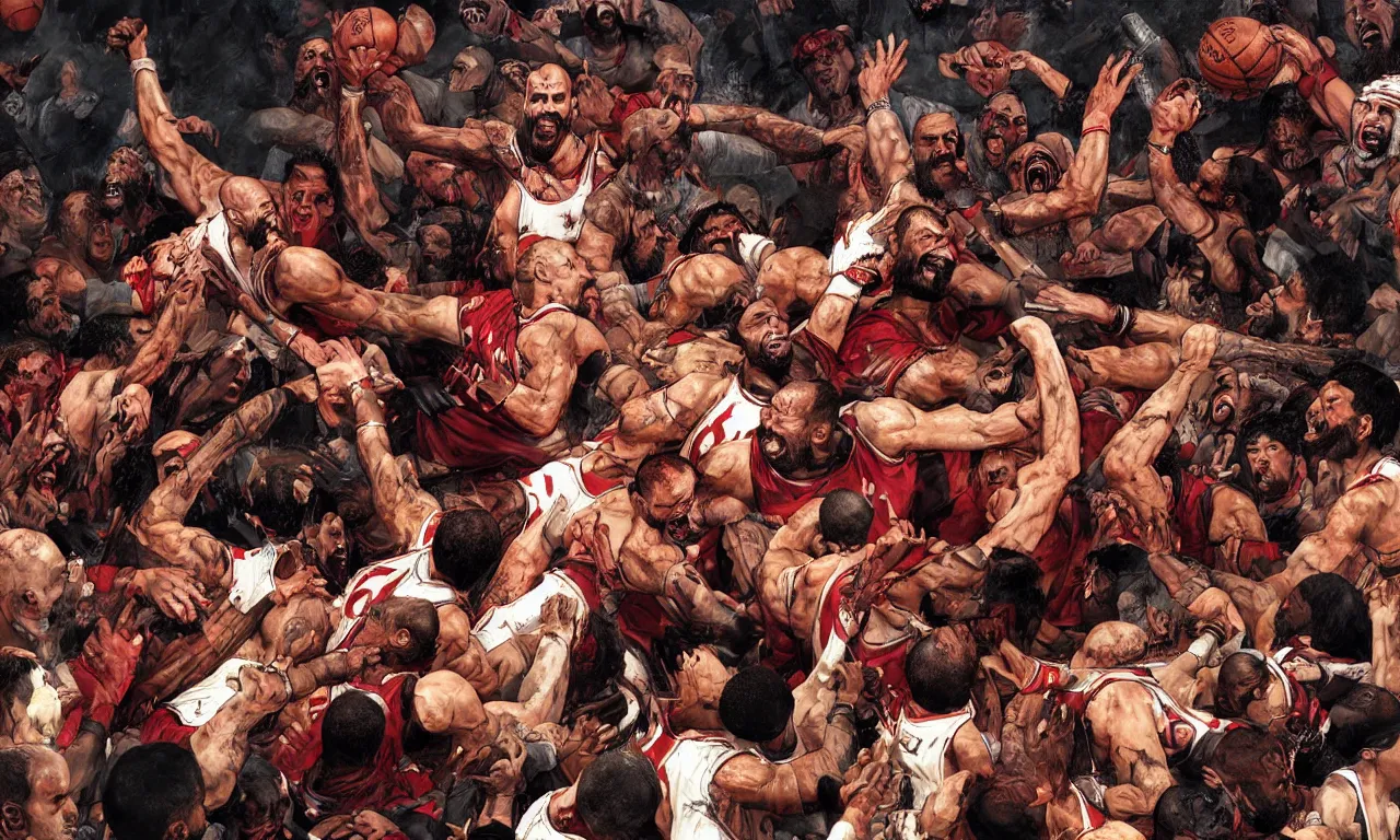 Image similar to a detailed digital art rendition of kratos as lebron james throwing basketballs in a mosh pit, art by norman rockwell