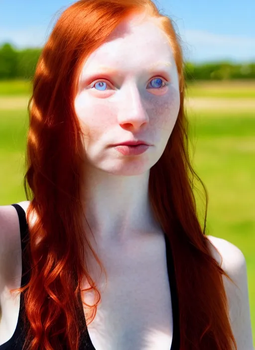 Image similar to close up portrait photograph of a thin young redhead woman with russian descent, sunbathed skin, with deep blue symmetrical!! eyes with round!! Black!! Pupils, and Wavy long maroon colored hair who looks directly at the camera, with a Slightly open mouth, face takes up half of the photo. a park visible in the background. 55mm nikon. Intricate. Very detailed 8k texture. Sharp. Cinematic post-processing. Award winning portrait photography. Sharp eyes.