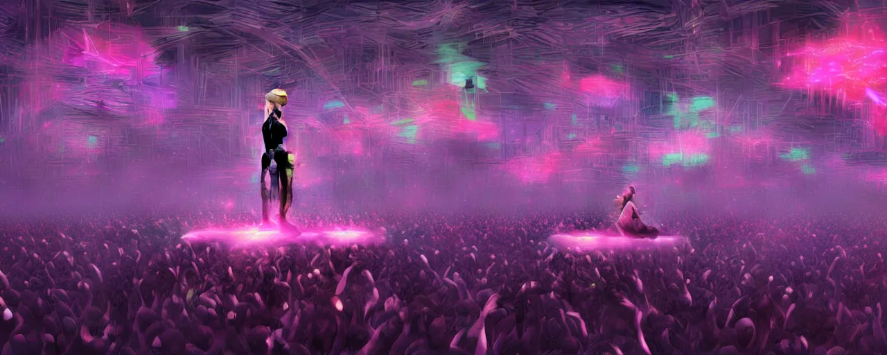 Image similar to Dystopian future, the DJ floats on a platform just above a huge crown of people dancing below to the Techno soundscape, lasers fill the scene with light of red, pink, green and purple, in the style of artgerm and greg rutkowski and alphonse mucha, concept art, ultra realism, photo realism, cgsociety, octane render, artstationHD, artstationHQ, unreal engine, 4k, 8k