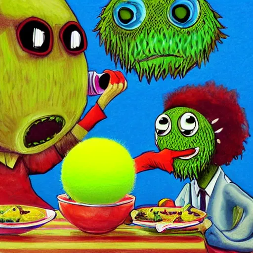 Image similar to a tennis ball monsters eating breakfast, colorful, digital art, fantasy, magic, chalk, trending on artstation, ultra detailed, professional illustration by basil gogos