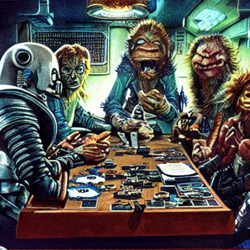 Image similar to scruffy punk starship crew sitting at table and playing dungeons & dragons, extraterrestrials, alien 1 9 7 9, ron cobb, jim henson creature shop, mike mignogna, highly detailed, comic book, science fiction, used future