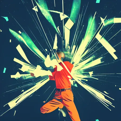 Image similar to man hitting the ground creating a explosion, anime, album cover, musical notes