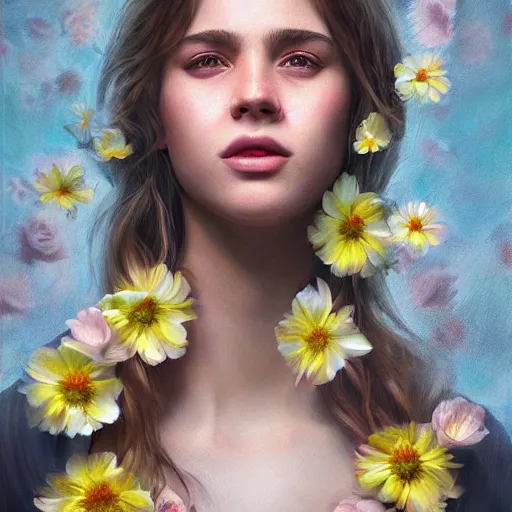 Prompt: flower pedals face hyperrealistic portrait, photo realistic, poster, artstation, volumetric lighting, digital art, very detailed face by magali villeneuve