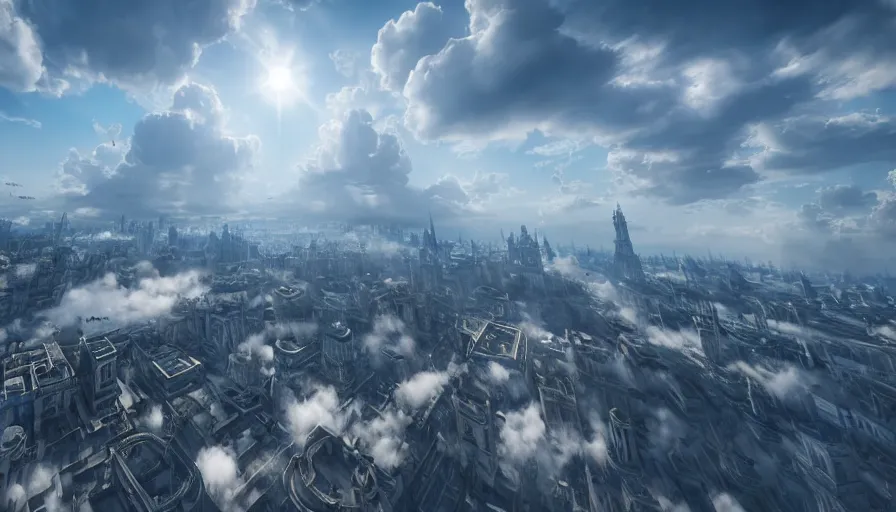 Image similar to Angelic Floating City in the Clouds, Hyperrealistic, Intricate Details, Raytracing, Volumetric Lighting, Lightshafts, Blue and White Color Palette, Unreal Engine 5, Photorealism