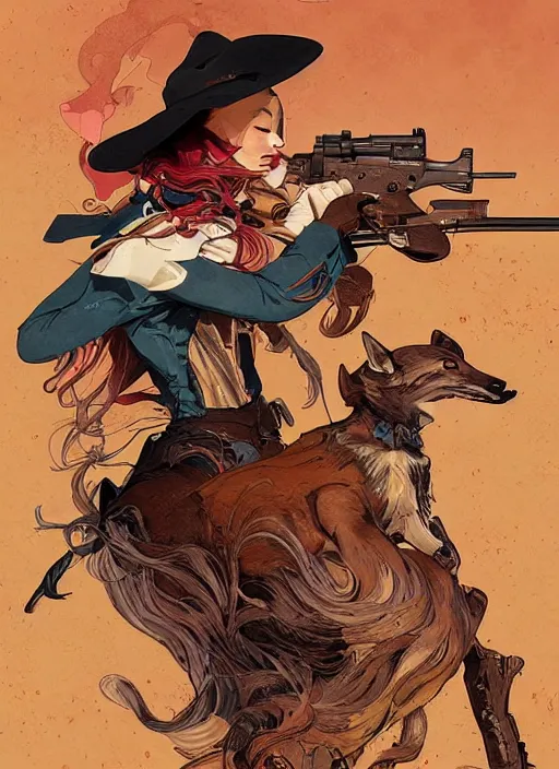 Image similar to a beautiful, dynamic illustration of an anthropomorphic fox - woman running and gunning with a winchester rifle, wild west theme, focal depth, highly detailed, art by joseph leyendecker, peter mohrbacher, ruan jia, marc simonetti, ayami kojima, cedric peyravernay, alphonse mucha, victo ngai,