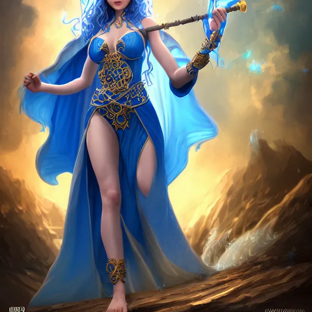 Image similar to beautiful elemental water witch with ornate blue robes and staff, highly detailed, 4 k, hdr, smooth, sharp focus, high resolution, award - winning photo, artgerm, photorealistic