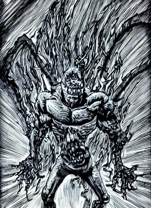 Image similar to pen and ink illustration of a demon monster, blue lightning strikes, agony