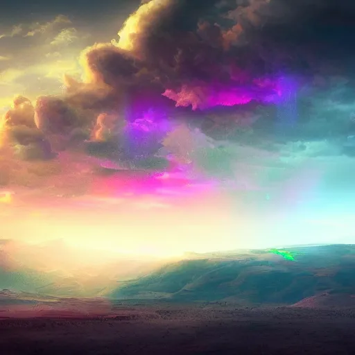 Prompt: a landscape where the future and the past collide, dramatic lighting, prismatic colors, rough emotional digital art, 8 k, fantasy