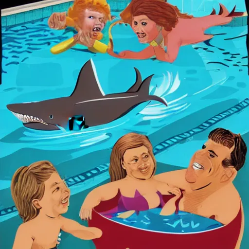 Image similar to sharks in a pool with a family outside during a cook out, in the style of ron english, in the secondary style of matt bors, by david wojnarowicz, shock art, poster art, 8 k concept art, trending on behance