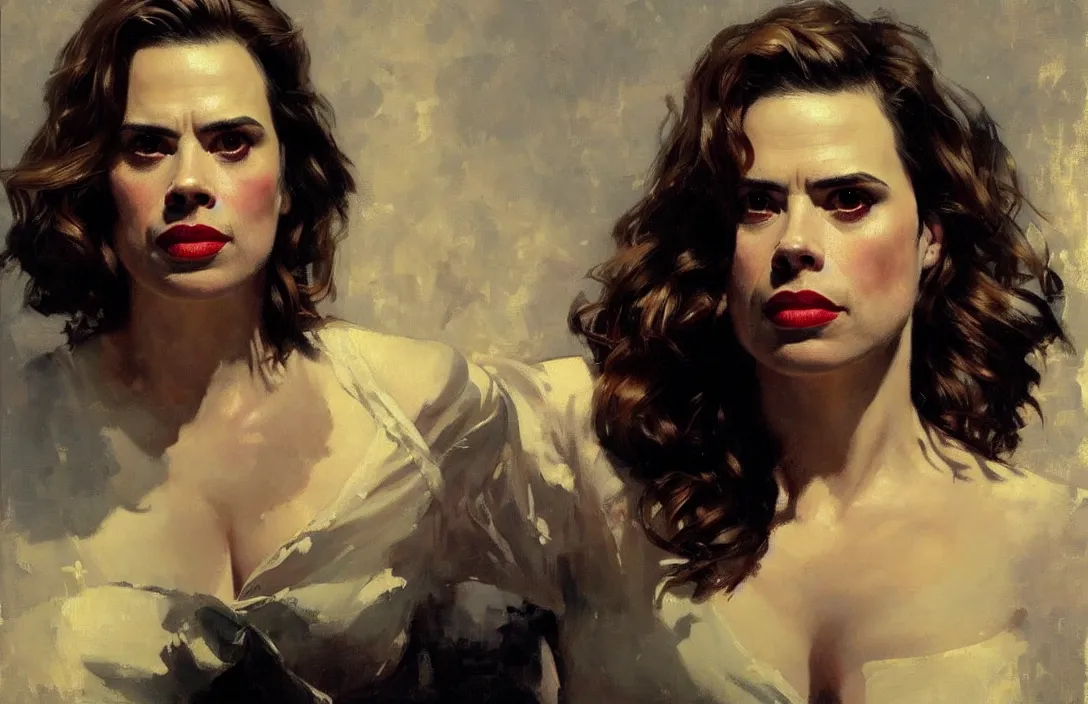 Image similar to portrait of hayley atwell!!!!!!!!!!!!!!!!!!!!!!!!!!!, detailed face, detailed painting, epic lighting, by ilya repin, phil hale and kent williams