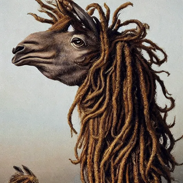 Image similar to llama with dreadlocks, by greg rutkowski, ernst haeckel, james jean