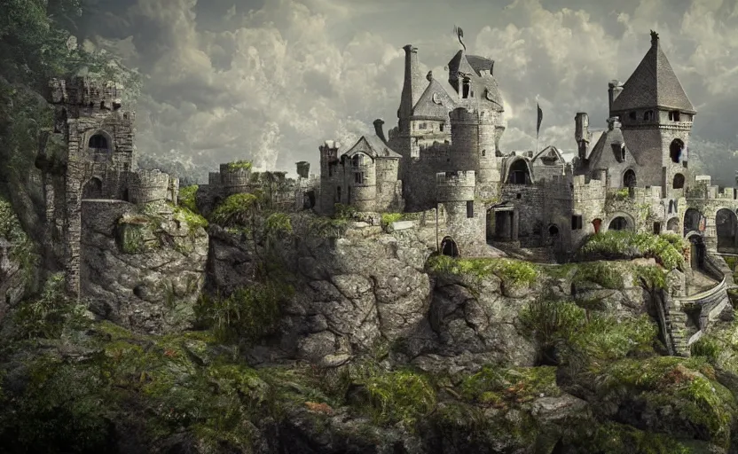 Image similar to a abandoned castle on the edge of a high cliff, 8 k, shallow depth of field, intricate detail, concept art,