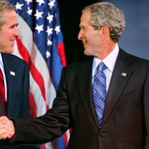 Image similar to george w bush shaking hands with osama bin laden, 8k cinematic lighting, very sharp detail, anatomically correct