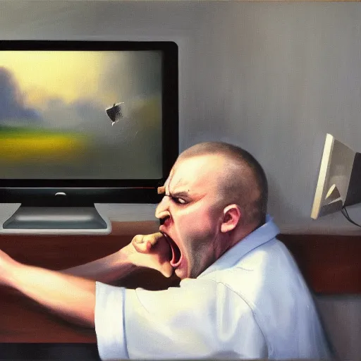 Image similar to an angry man yells at his computer monitor, oil on canvas, highly detailed, high resolution