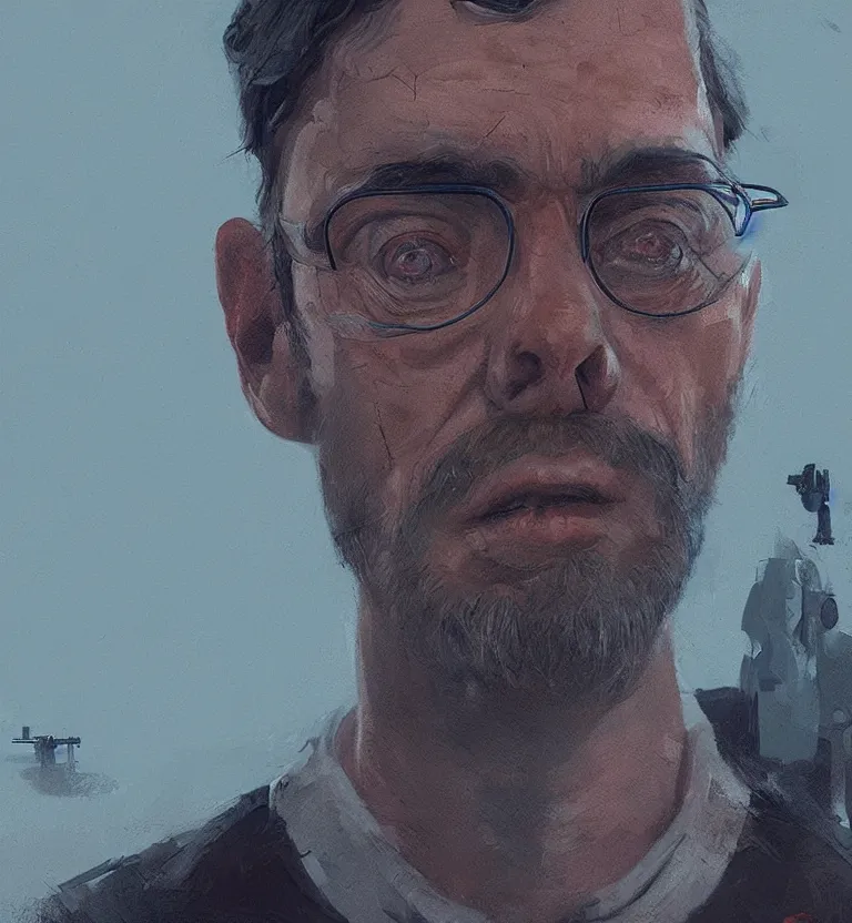 Image similar to a portrait of a researcher like indianer jones in a painting from stalenhag, 4 k, 8 k, hdr, artstation, concept art