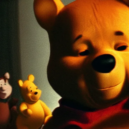 Prompt: Winnie the Pooh as Morpheus in The Matrix (1999), Film Still, 35mm dramatic lighting, cinematic, deep focus, styleframe,