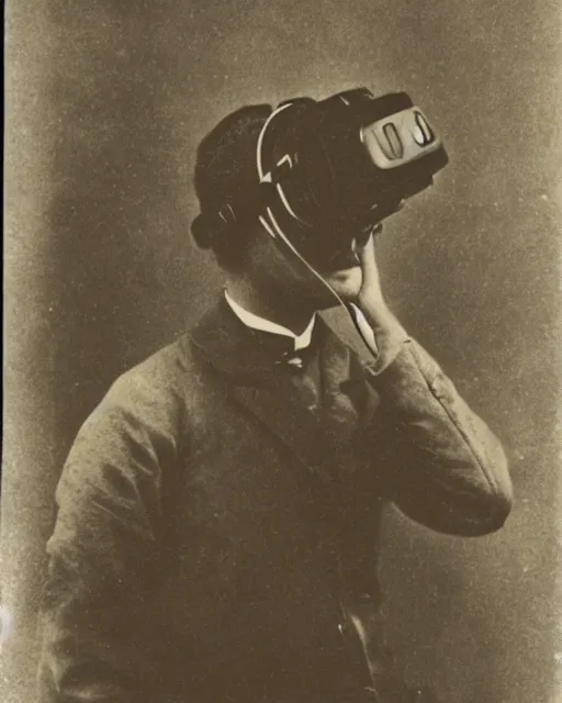 Image similar to 1 9 0 0 s photo of a person wearing a vr virtual reality headset photo grain double scratches dust exposure masterpiece